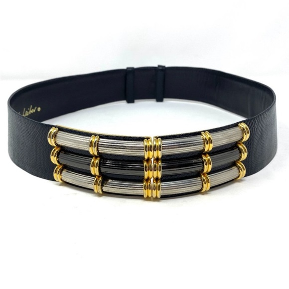 Vintage Judith Leiber Hematite and Gold Column Clasp Leather Belt - Picture 1 of 6